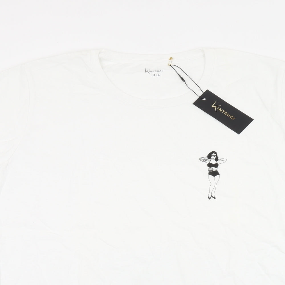 Kintsugi Womens White Polyester Basic T-Shirt Size 14 Round Neck
