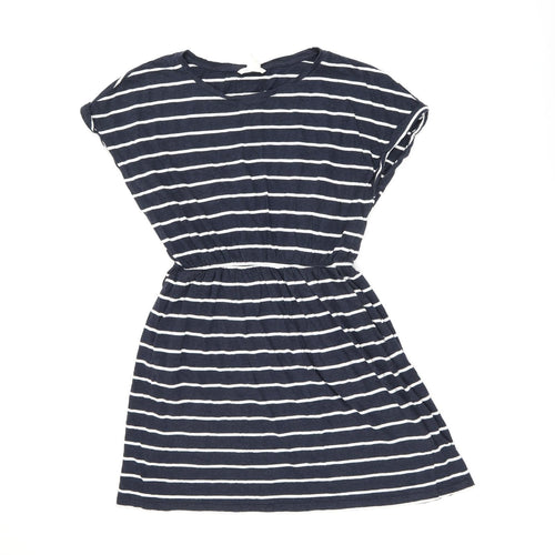 H&M Womens Blue Striped Cotton Skater Dress Size M Boat Neck Pullover