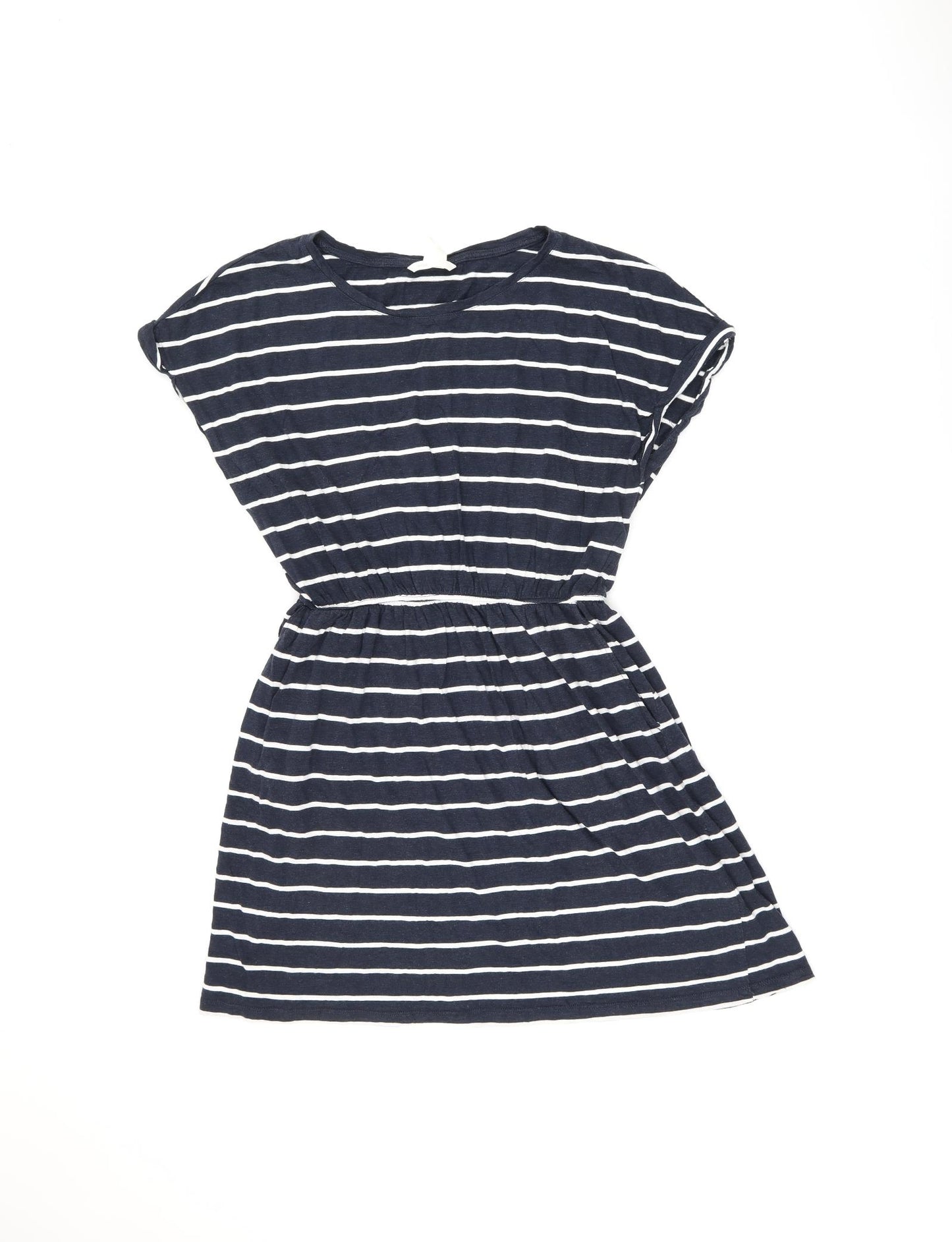 H&M Womens Blue Striped Cotton Skater Dress Size M Boat Neck Pullover