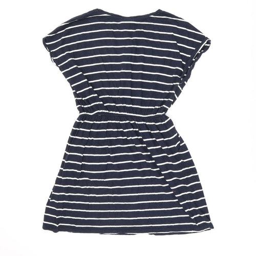 H&M Womens Blue Striped Cotton Skater Dress Size M Boat Neck Pullover