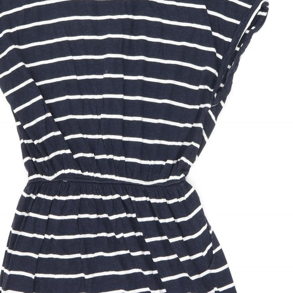 H&M Womens Blue Striped Cotton Skater Dress Size M Boat Neck Pullover