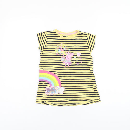 Peppa Pig Girls Yellow Striped Cotton Basic T-Shirt Size 2-3 Years Round Neck Pullover