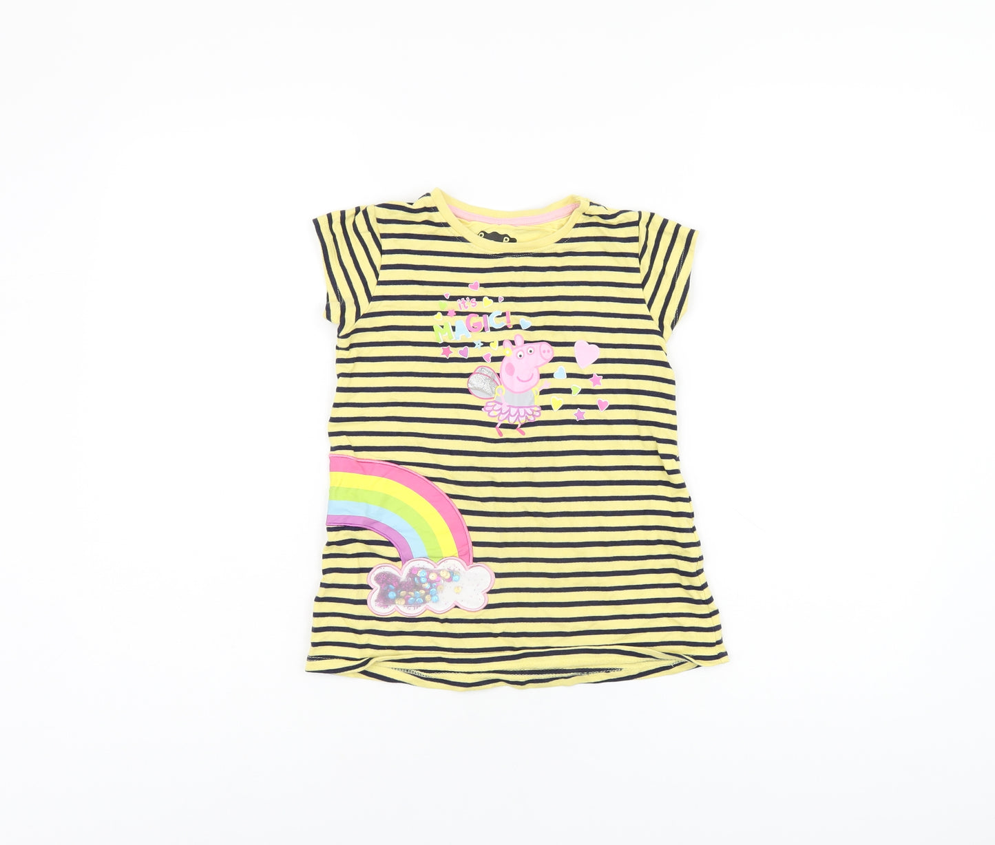 Peppa Pig Girls Yellow Striped Cotton Basic T-Shirt Size 2-3 Years Round Neck Pullover