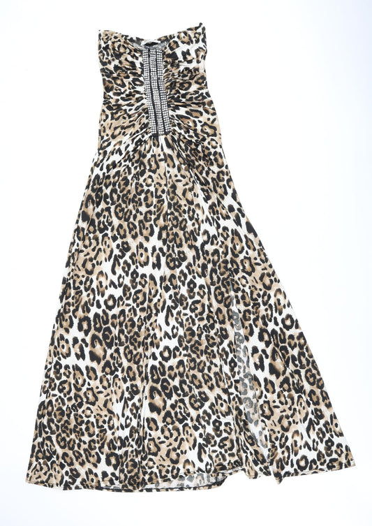 Faust Couture Womens Brown Animal Print Polyester Maxi Size S Off the Shoulder Pullover - Split Hem