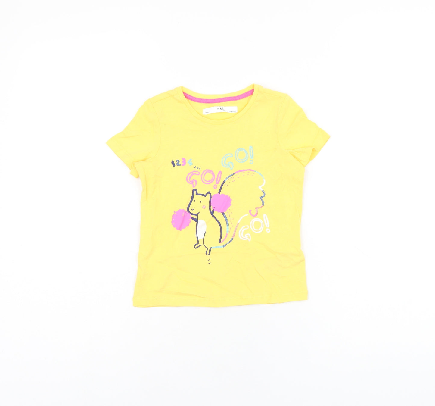 Marks and Spencer Girls Yellow Cotton Basic T-Shirt Size 2-3 Years Round Neck Pullover