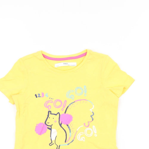 Marks and Spencer Girls Yellow Cotton Basic T-Shirt Size 2-3 Years Round Neck Pullover