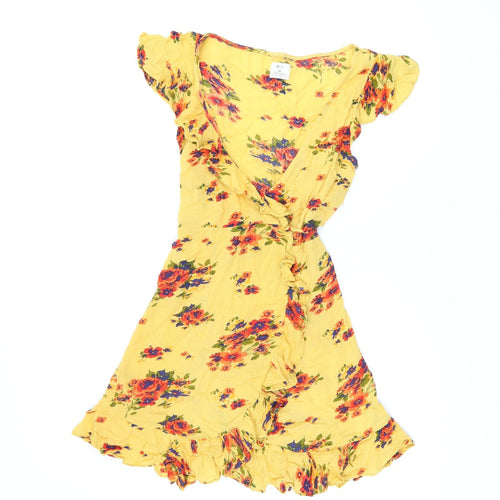 Pins and Needles Womens Yellow Floral Viscose Wrap Dress Size XS V-Neck Tie