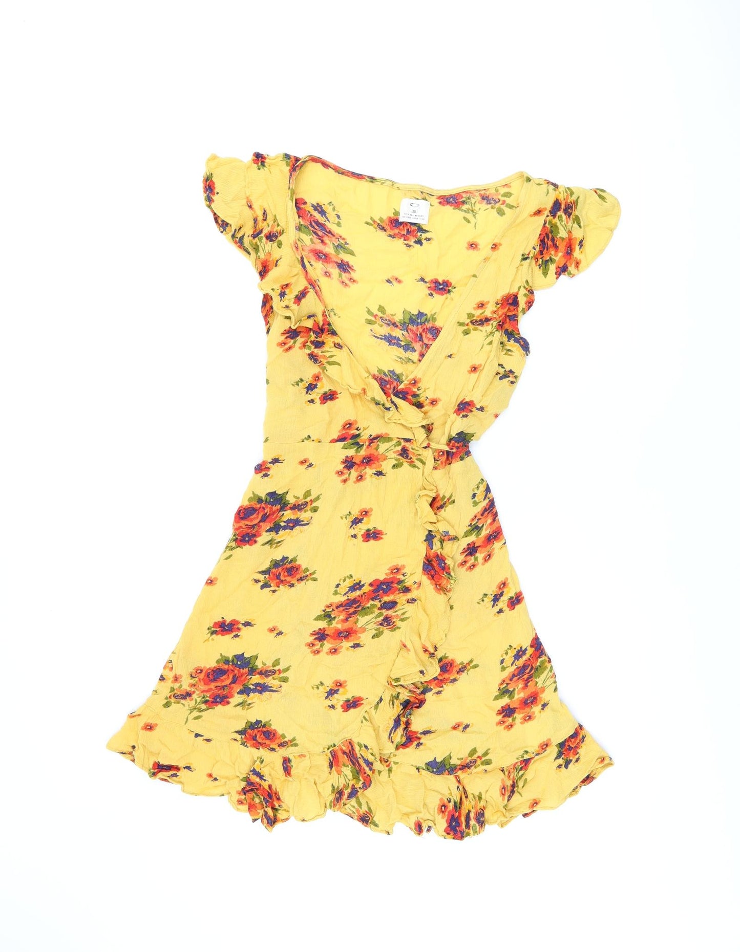 Pins and Needles Womens Yellow Floral Viscose Wrap Dress Size XS V-Neck Tie