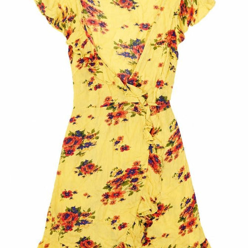 Pins and Needles Womens Yellow Floral Viscose Wrap Dress Size XS V-Neck Tie