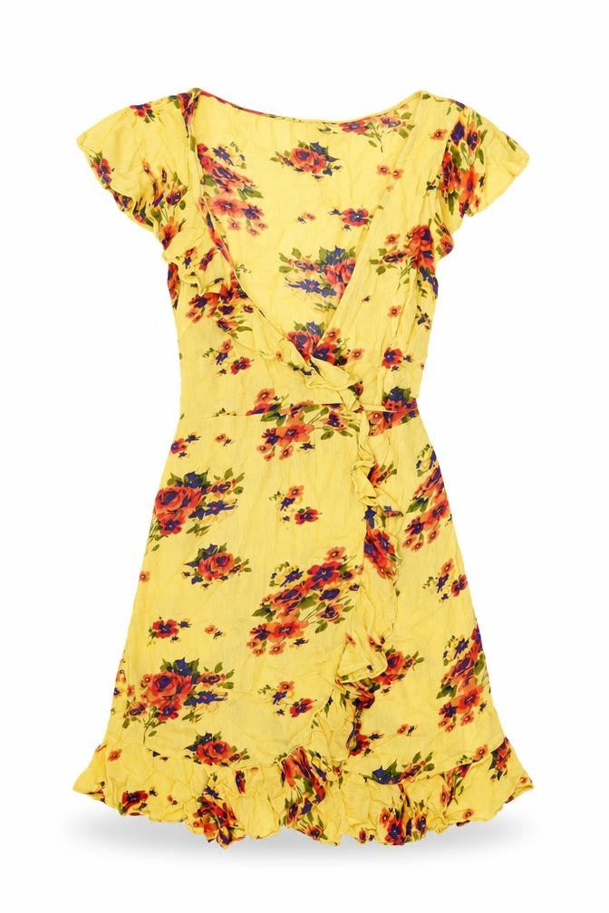 Pins and Needles Womens Yellow Floral Viscose Wrap Dress Size XS V-Neck Tie