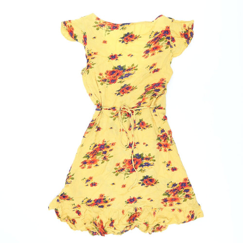 Pins and Needles Womens Yellow Floral Viscose Wrap Dress Size XS V-Neck Tie