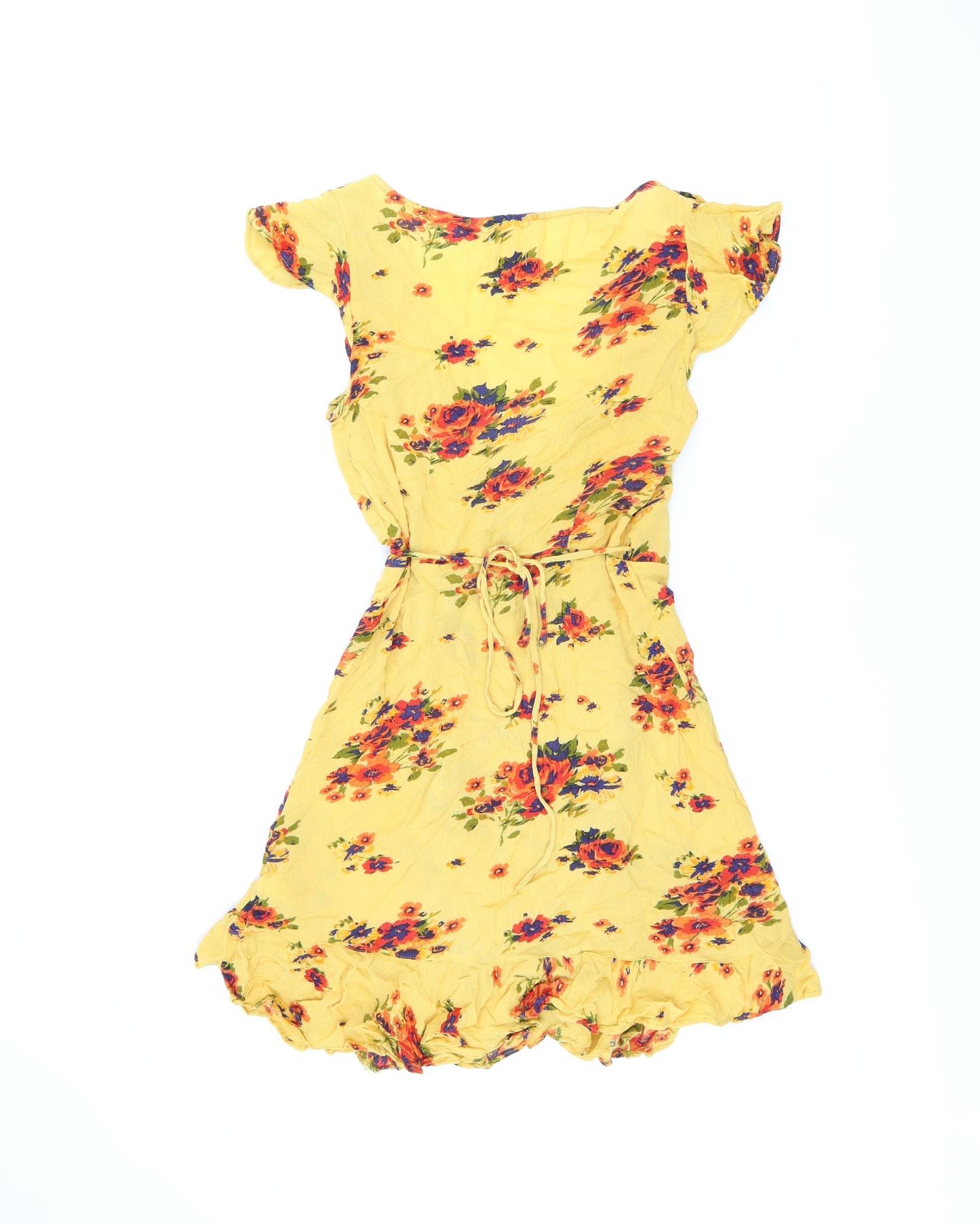 Pins and Needles Womens Yellow Floral Viscose Wrap Dress Size XS V-Neck Tie