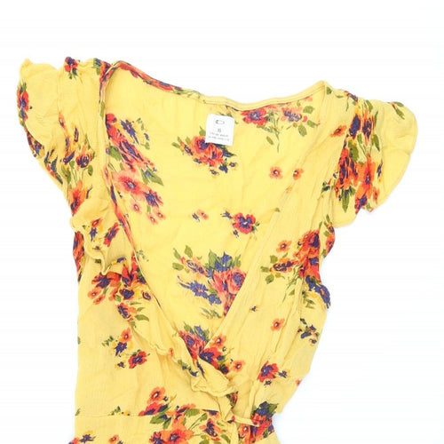 Pins and Needles Womens Yellow Floral Viscose Wrap Dress Size XS V-Neck Tie