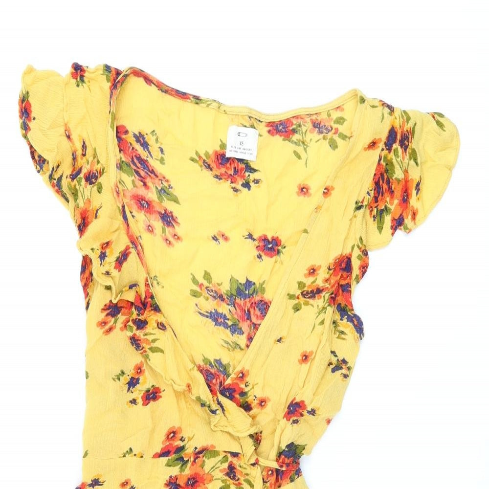 Pins and Needles Womens Yellow Floral Viscose Wrap Dress Size XS V-Neck Tie
