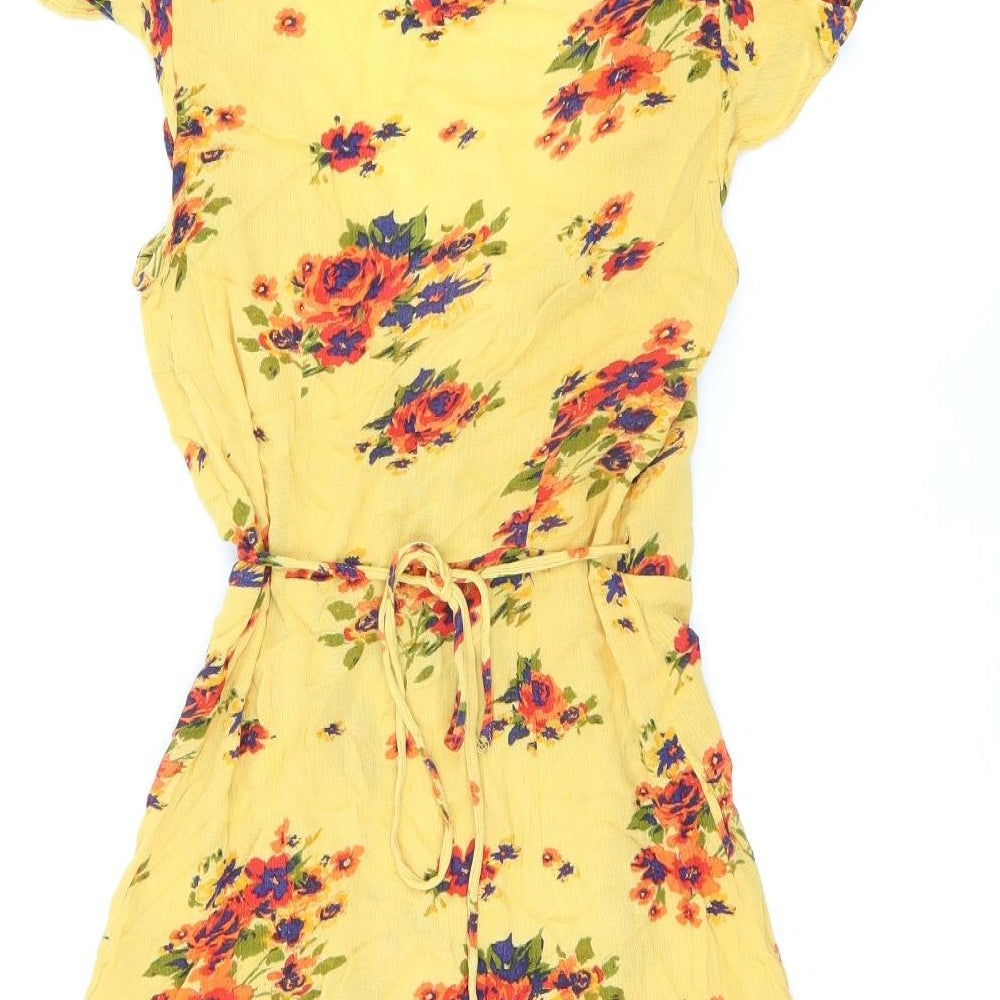 Pins and Needles Womens Yellow Floral Viscose Wrap Dress Size XS V-Neck Tie
