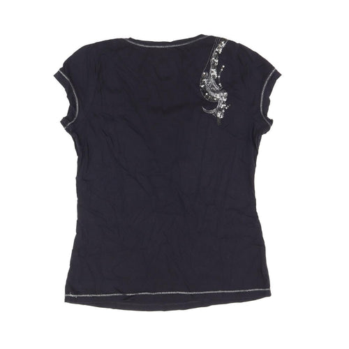 Jasper Conran Womens Black Geometric Cotton Basic T-Shirt Size 14 Scoop Neck