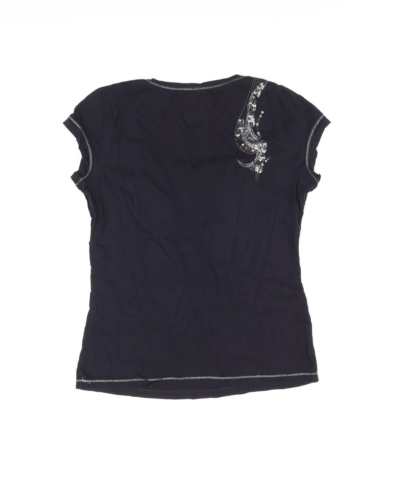 Jasper Conran Womens Black Geometric Cotton Basic T-Shirt Size 14 Scoop Neck