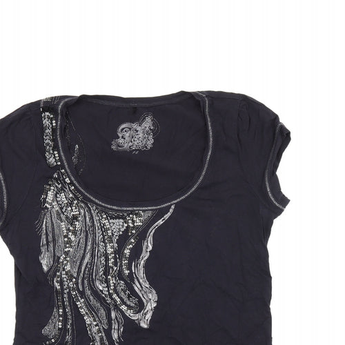 Jasper Conran Womens Black Geometric Cotton Basic T-Shirt Size 14 Scoop Neck