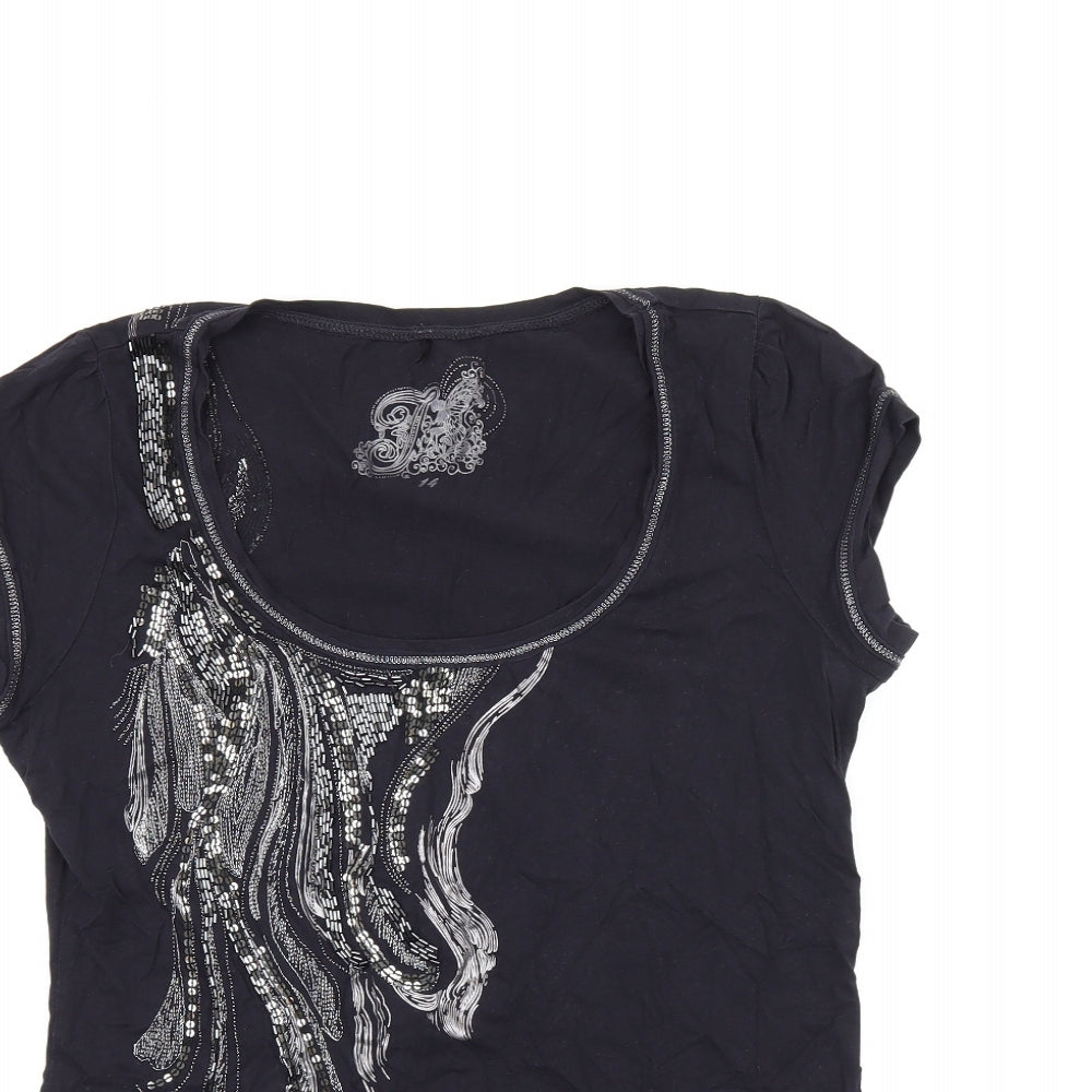 Jasper Conran Womens Black Geometric Cotton Basic T-Shirt Size 14 Scoop Neck