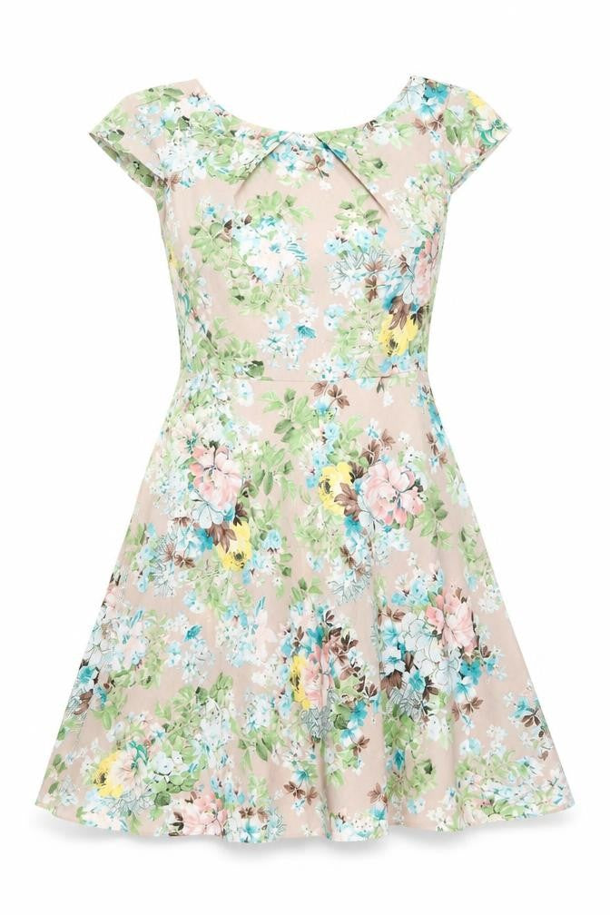 Front view of Wallis women’s brown floral polyester a-line, size UK 10, round neck zip
