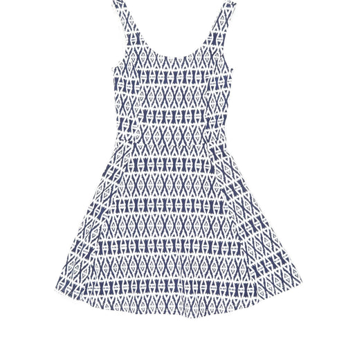 H&M Womens White Geometric Polyester Skater Dress Size 6 Scoop Neck Pullover