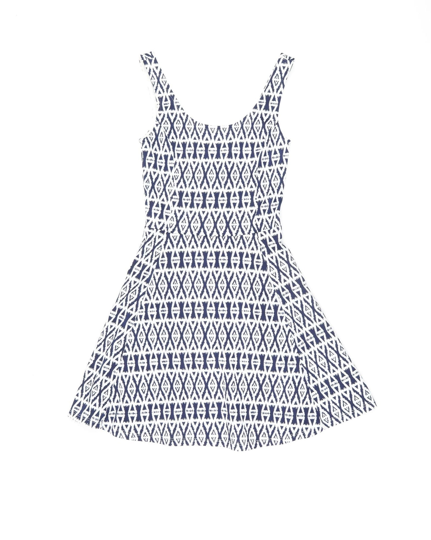H&M Womens White Geometric Polyester Skater Dress Size 6 Scoop Neck Pullover