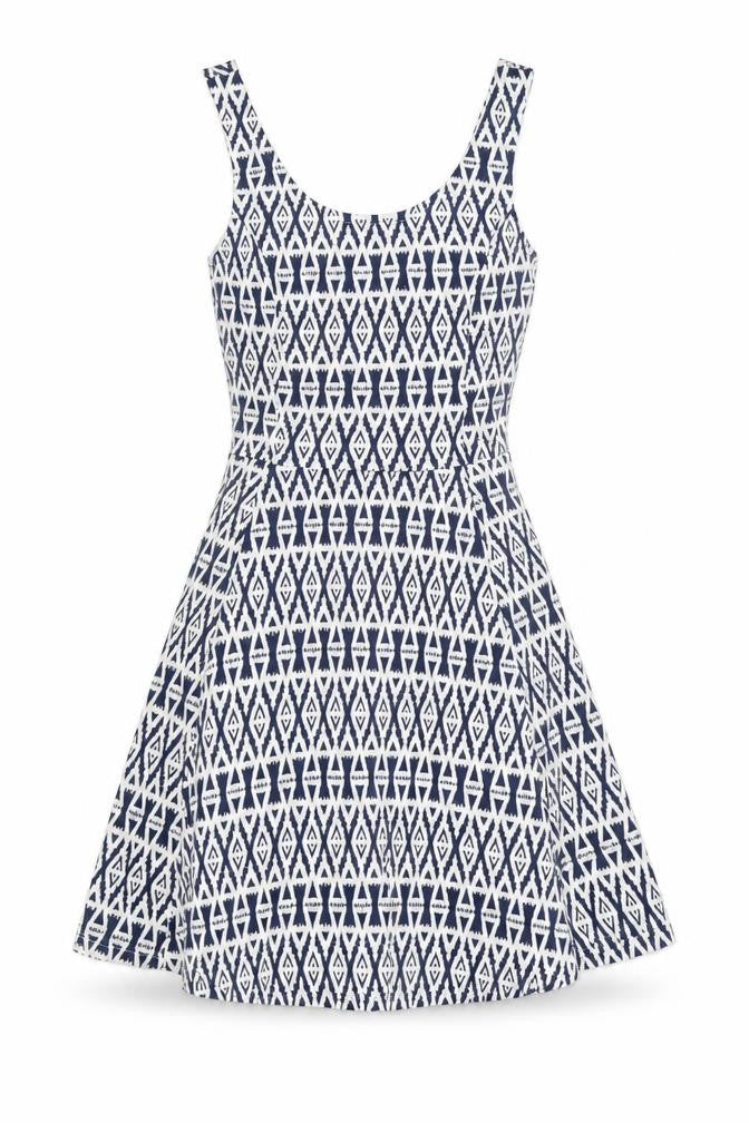 Front view of H&M women’s white geometric polyester skater dress, size UK 6, scoop neck pullover