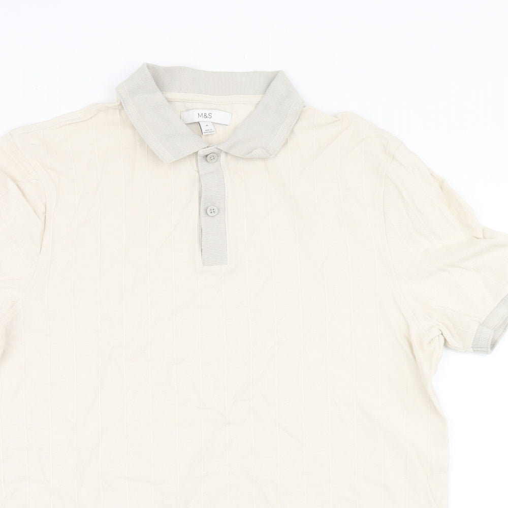 Marks and Spencer Mens Ivory Cotton Polo Size M Collared Button