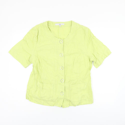 EWM Womens Green Linen Basic Button-Up Size 14 Round Neck
