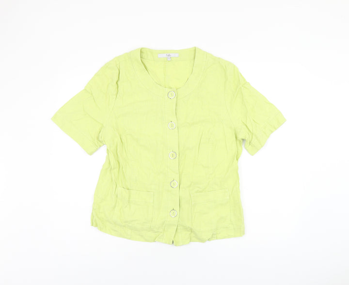 EWM Womens Green Linen Basic Button-Up Size 14 Round Neck