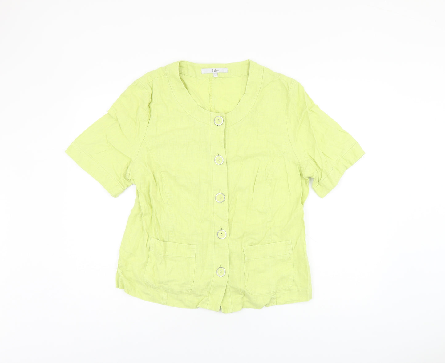 EWM Womens Green Linen Basic Button-Up Size 14 Round Neck