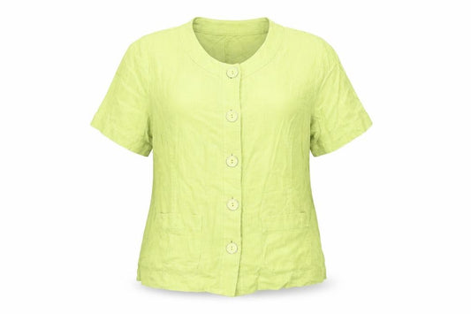 Front view of EWM women’s green linen basic button-up, size UK 14, round neck