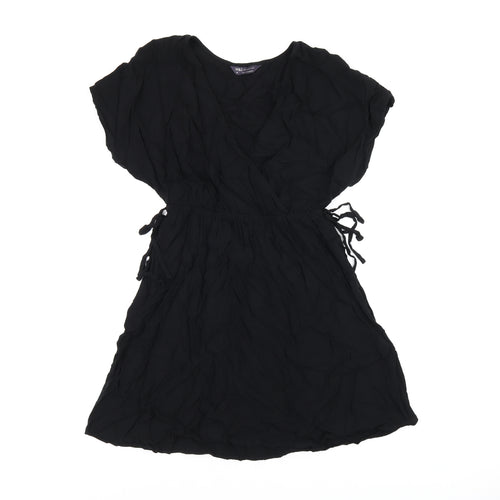 Marks and Spencer Womens Black Viscose Skater Dress Size 10 V-Neck Drawstring