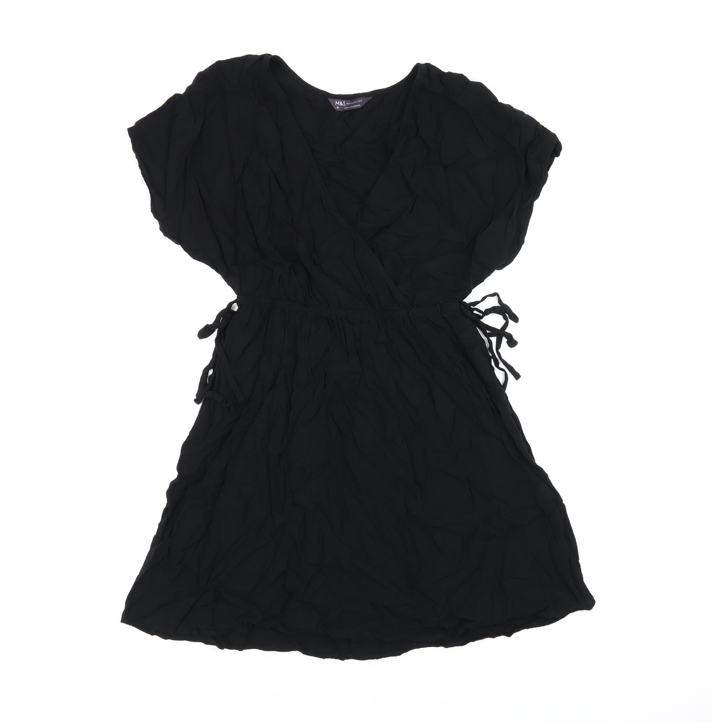 Marks and Spencer Womens Black Viscose Skater Dress Size 10 V-Neck Drawstring