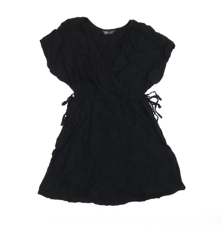 Marks and Spencer Womens Black Viscose Skater Dress Size 10 V-Neck Drawstring