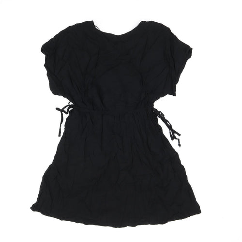 Marks and Spencer Womens Black Viscose Skater Dress Size 10 V-Neck Drawstring