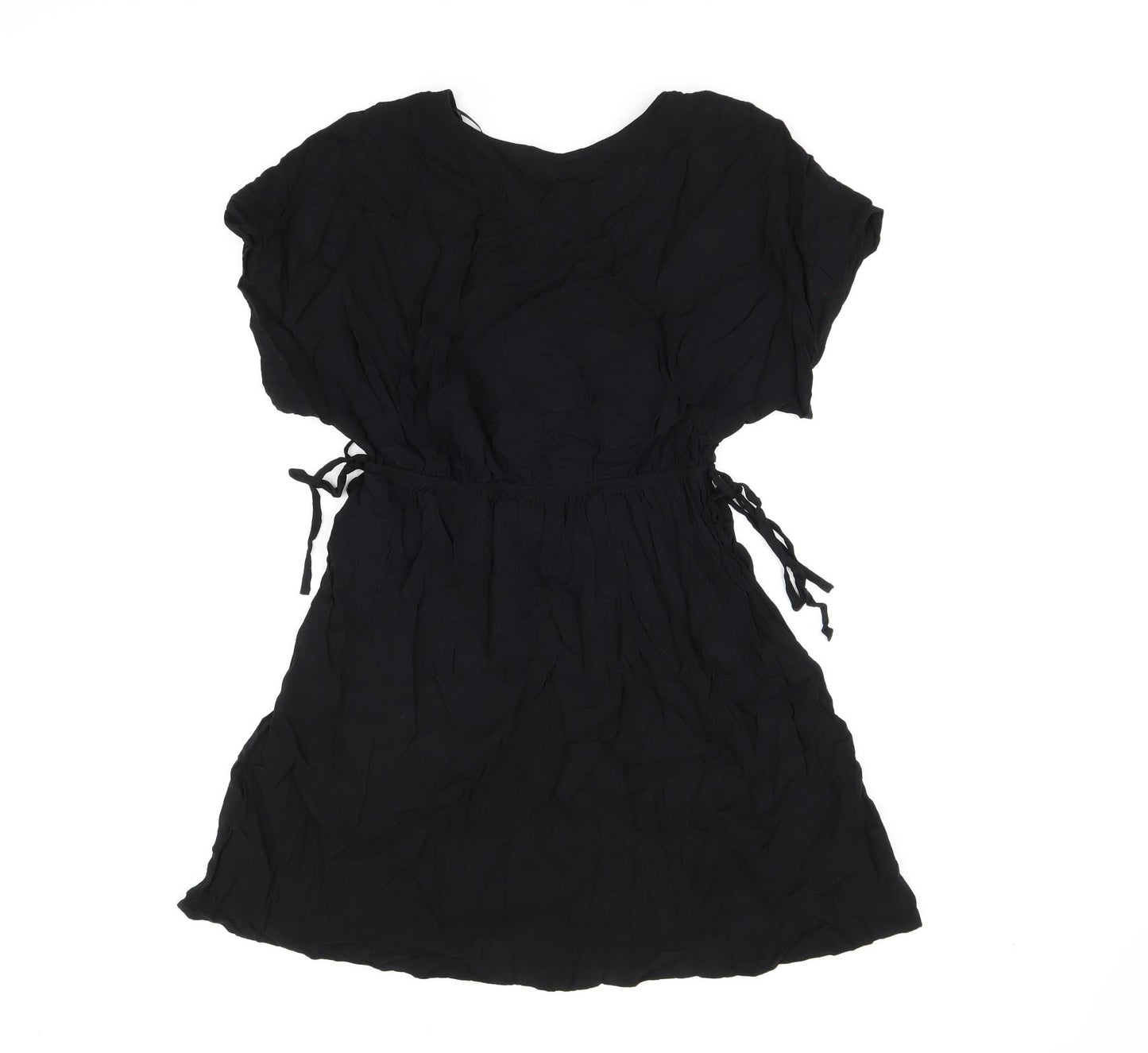 Marks and Spencer Womens Black Viscose Skater Dress Size 10 V-Neck Drawstring