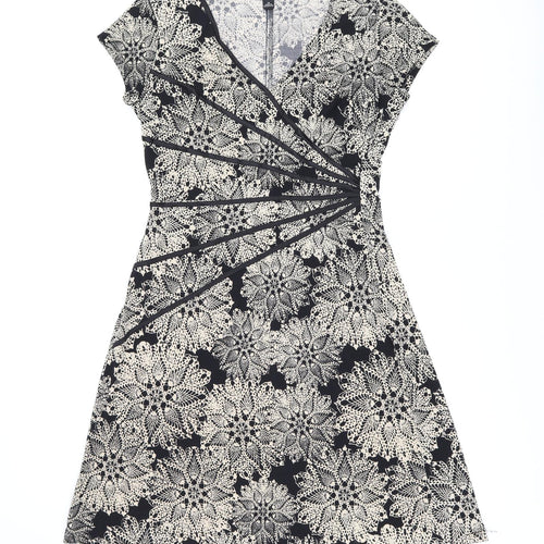 Connected Apparel Womens Black Floral Polyester A-Line Size 14 V-Neck Pullover