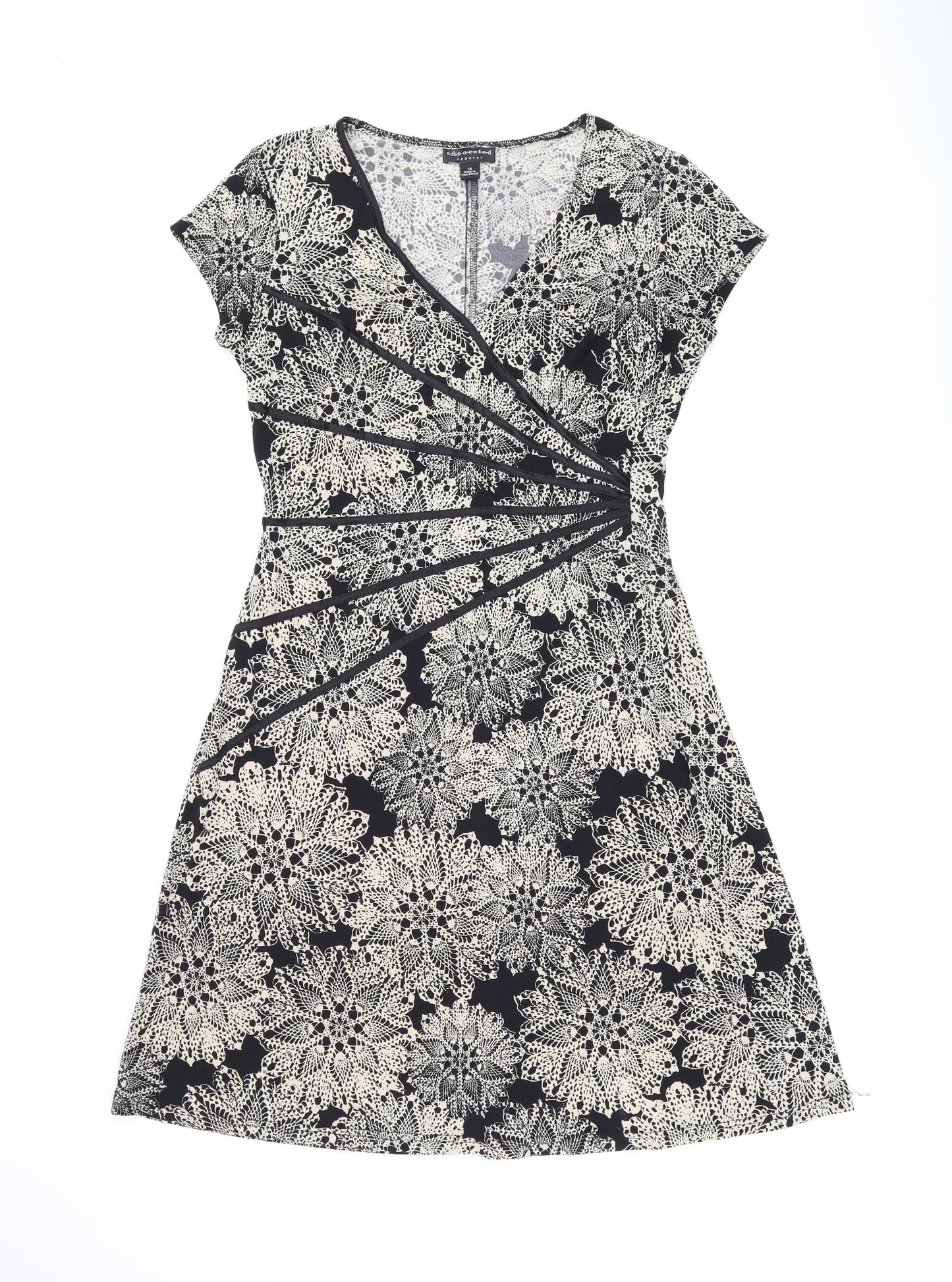 Connected Apparel Womens Black Floral Polyester A-Line Size 14 V-Neck Pullover