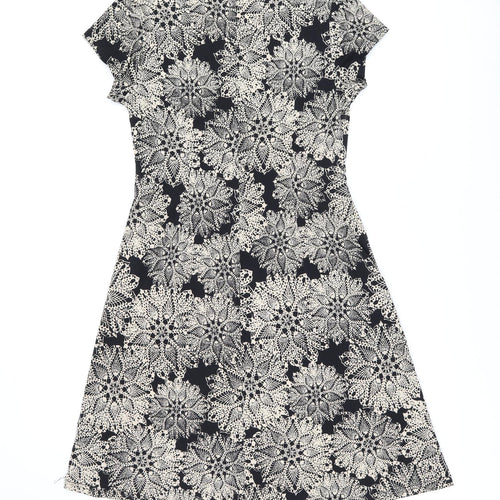 Connected Apparel Womens Black Floral Polyester A-Line Size 14 V-Neck Pullover