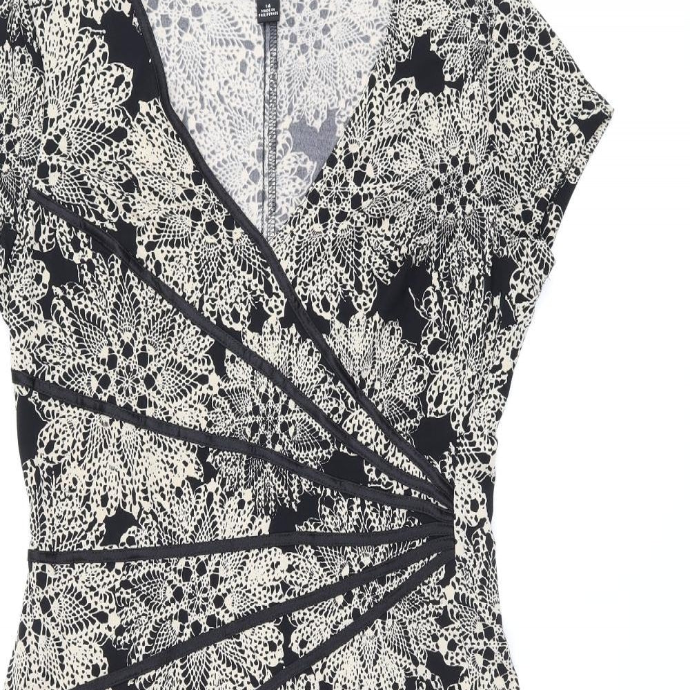 Connected Apparel Womens Black Floral Polyester A-Line Size 14 V-Neck Pullover