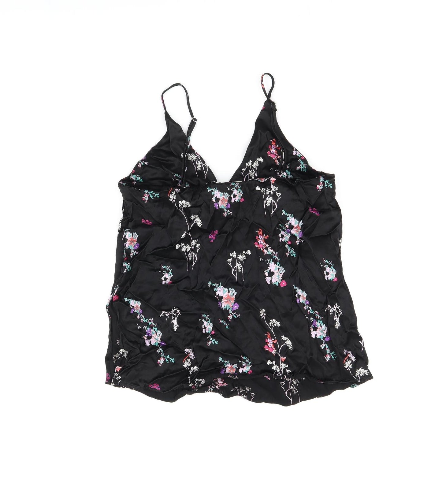 H&M Womens Black Floral Viscose Camisole T-Shirt Size 6 V-Neck