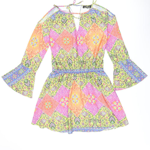 I Heart Purpurina Womens Multicoloured Geometric Polyester Skater Dress Size M V-Neck Tie