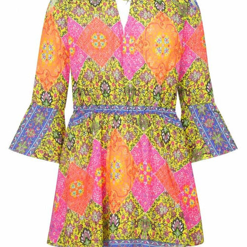 I Heart Purpurina Womens Multicoloured Geometric Polyester Skater Dress Size M V-Neck Tie