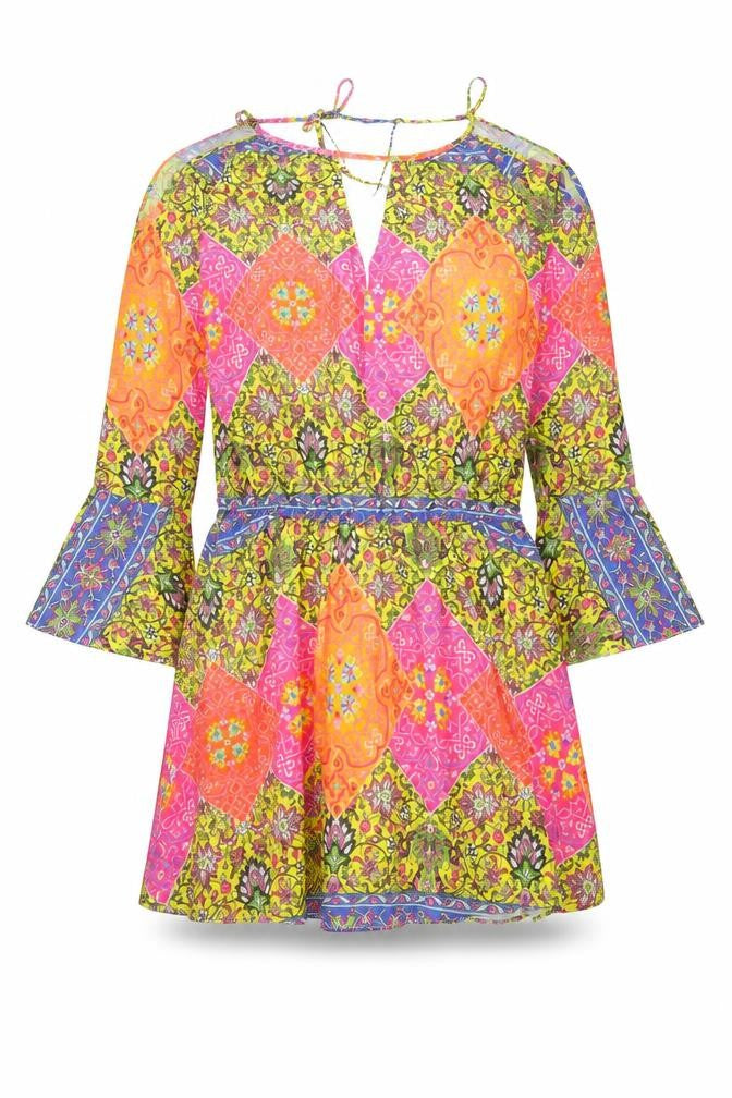 I Heart Purpurina Womens Multicoloured Geometric Polyester Skater Dress Size M V-Neck Tie
