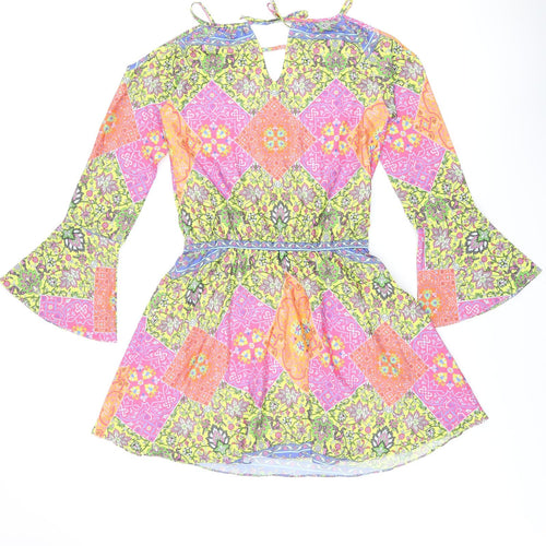 I Heart Purpurina Womens Multicoloured Geometric Polyester Skater Dress Size M V-Neck Tie