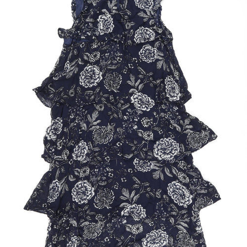 Part Two Womens Blue Floral Viscose Shift Size 10 Round Neck Zip - Frill Detail