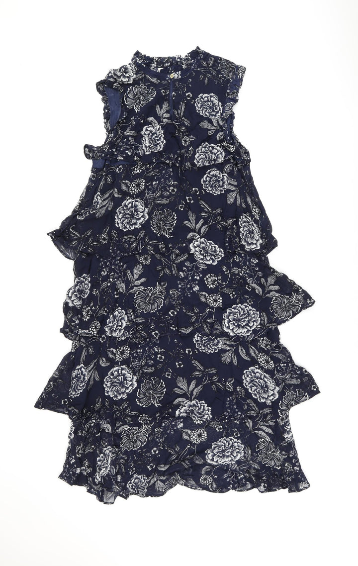 Part Two Womens Blue Floral Viscose Shift Size 10 Round Neck Zip - Frill Detail