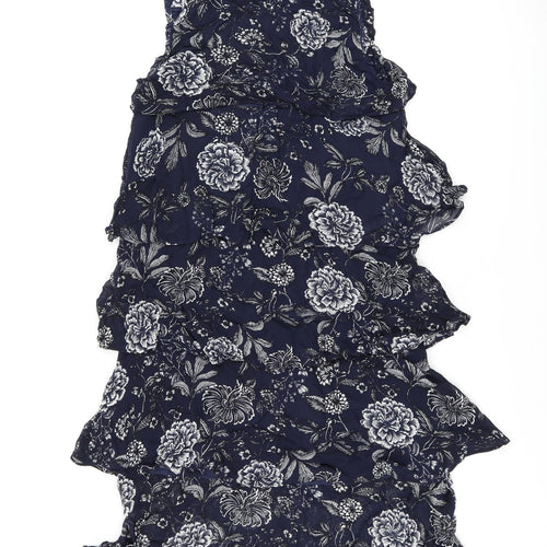 Part Two Womens Blue Floral Viscose Shift Size 10 Round Neck Zip - Frill Detail