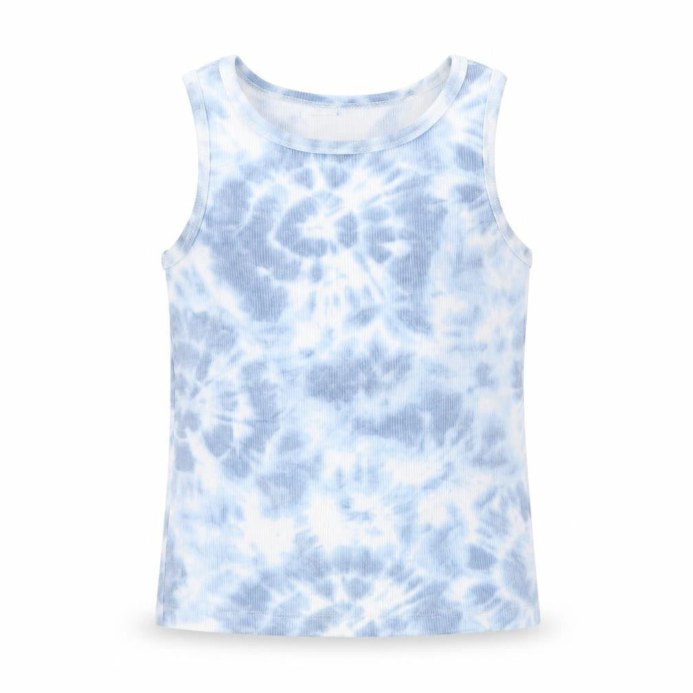 Front view of H&M girls’ blue geometric cotton basic tank, size 4-5, years scoop neck pullover - tie dye